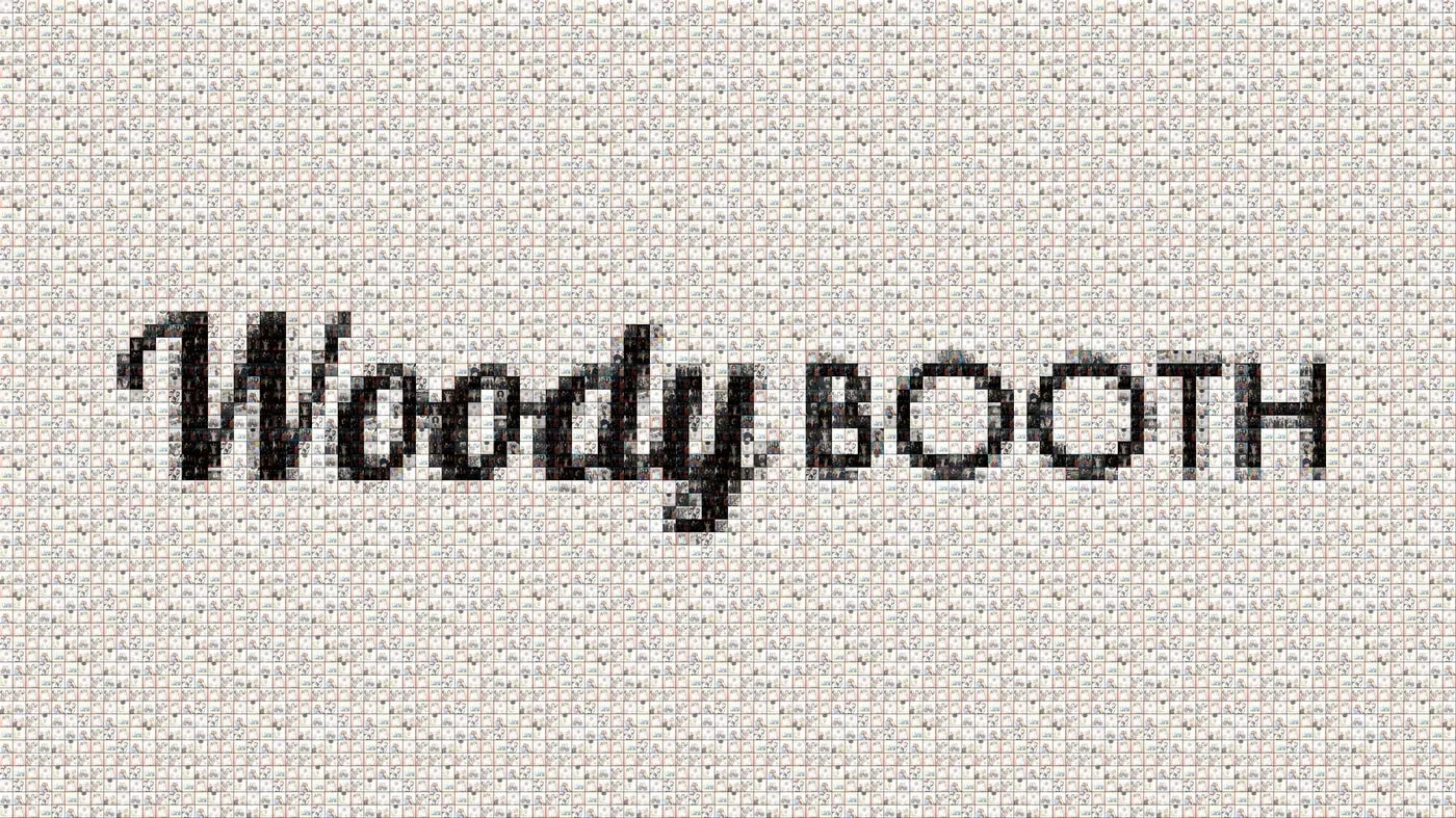 Live-Mosaik: das WoodyBooth Logo, zusammengesetzt aus hunderten Gästefotos