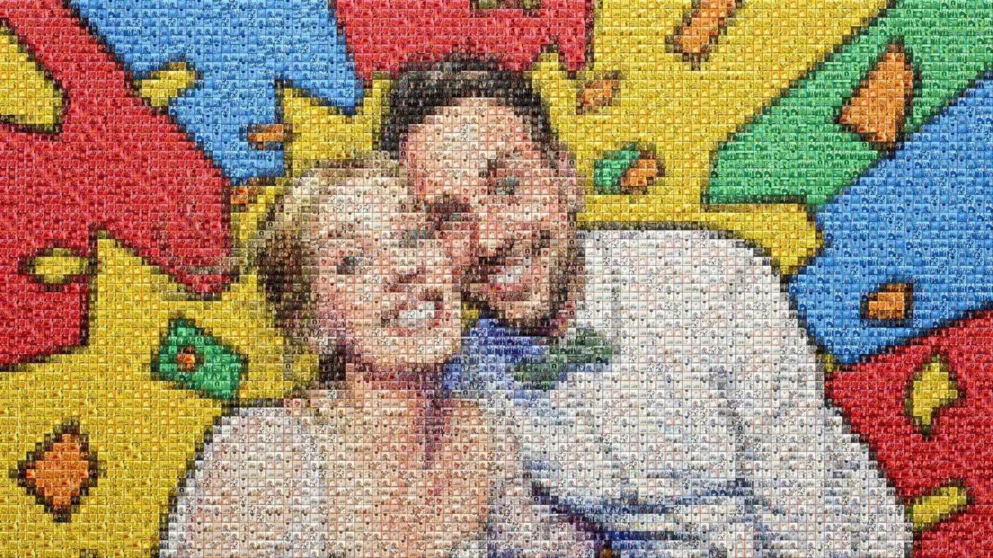 Live-Fotomosaik: ein Hochzeitspaar, zusammengesetzt aus hunderten Gästefotos